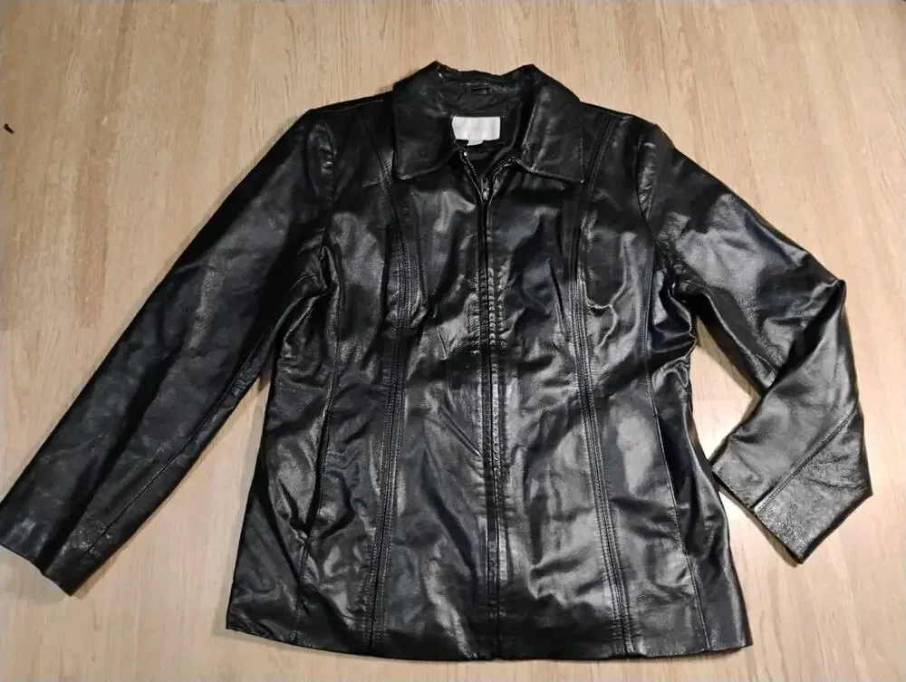 Worthington Womens Black Genuine Soft Lambskin Leather Blazer Jacket Lined Large